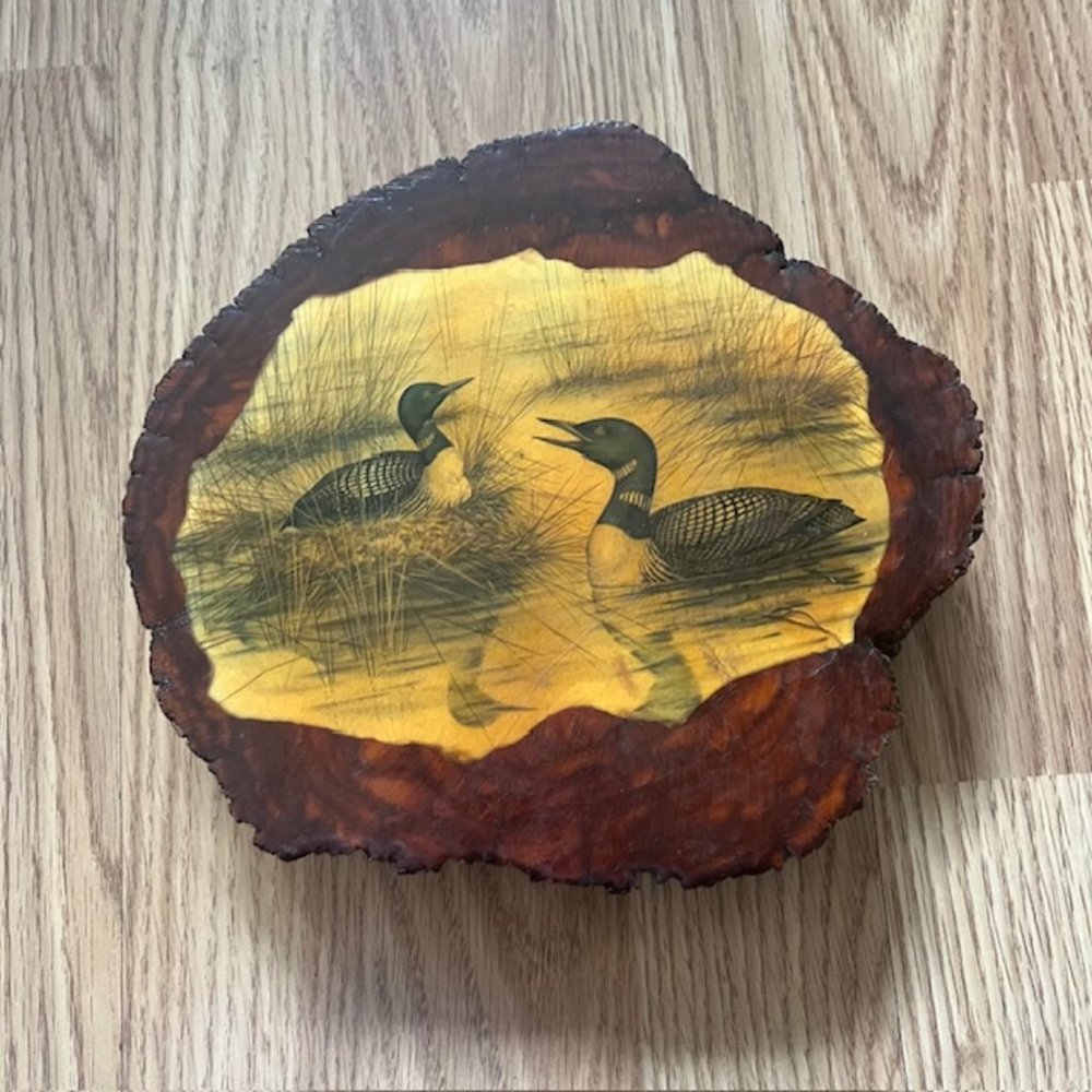 varnished vintage log wood wall plaque two birds thick